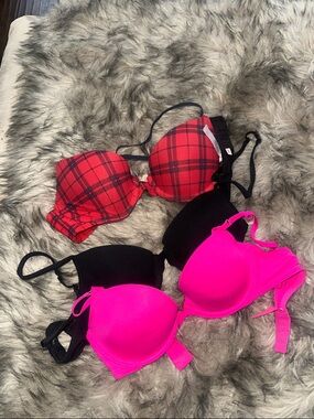 Victoria's Secret Red Plaid, Black & Hot Pink Bra Trio